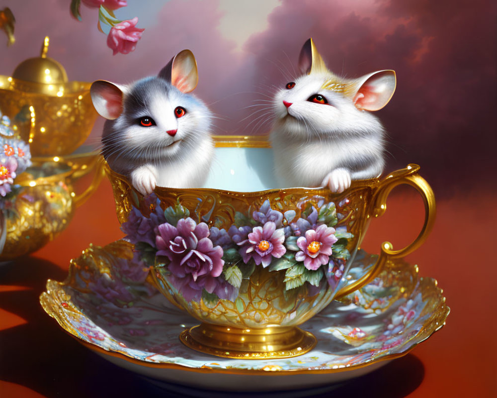 Whimsical cartoon mice in ornate teacup with golden tea set