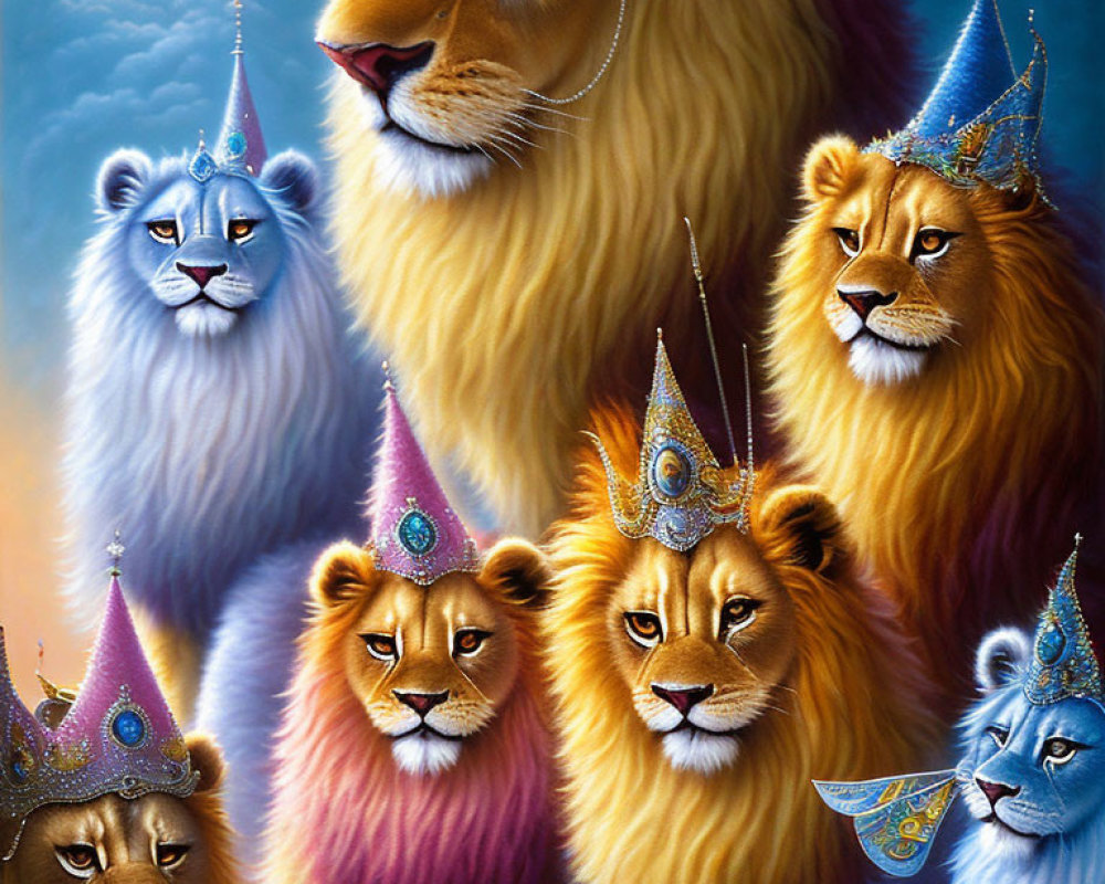 Majestic lions with royal crowns in colorful sky scene