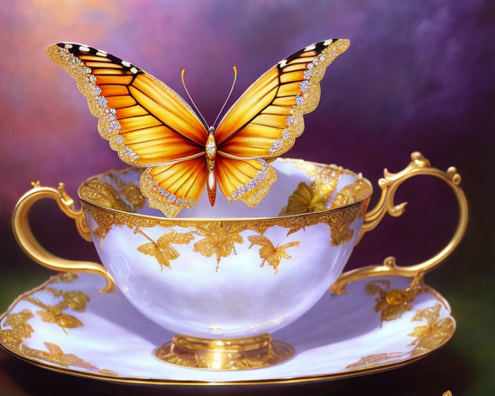 Orange Butterfly on Golden Teacup with Blurred Background