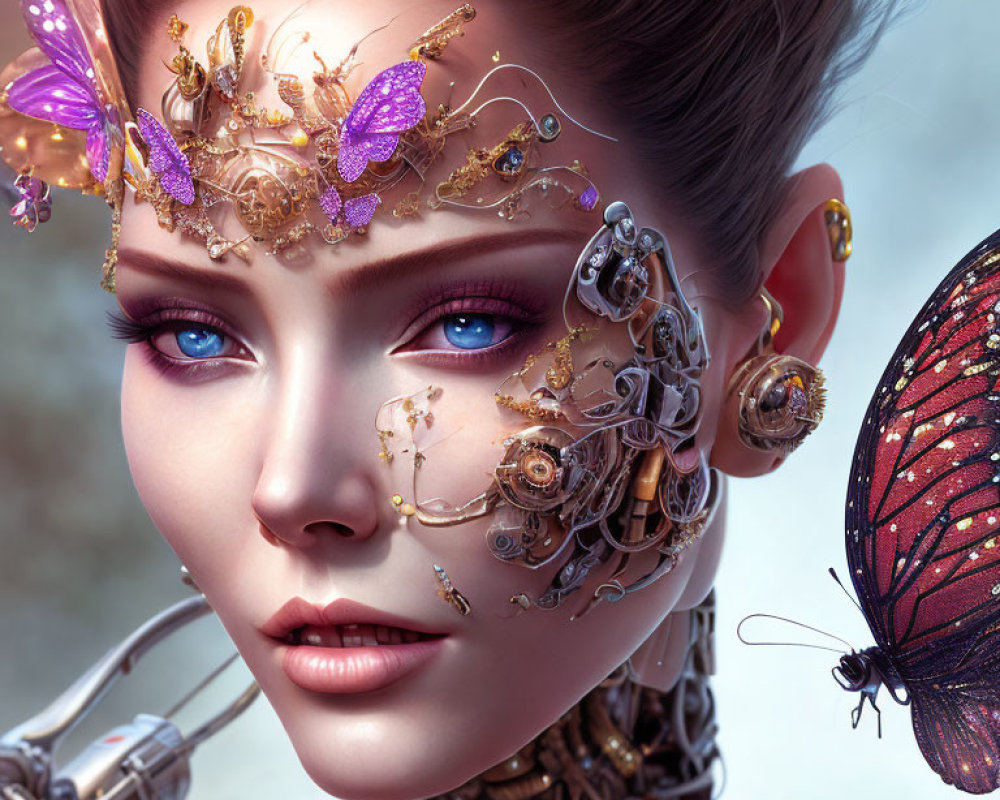 Hyper-realistic digital artwork: Female figure with cyborg features, gold filigree, butterflies,