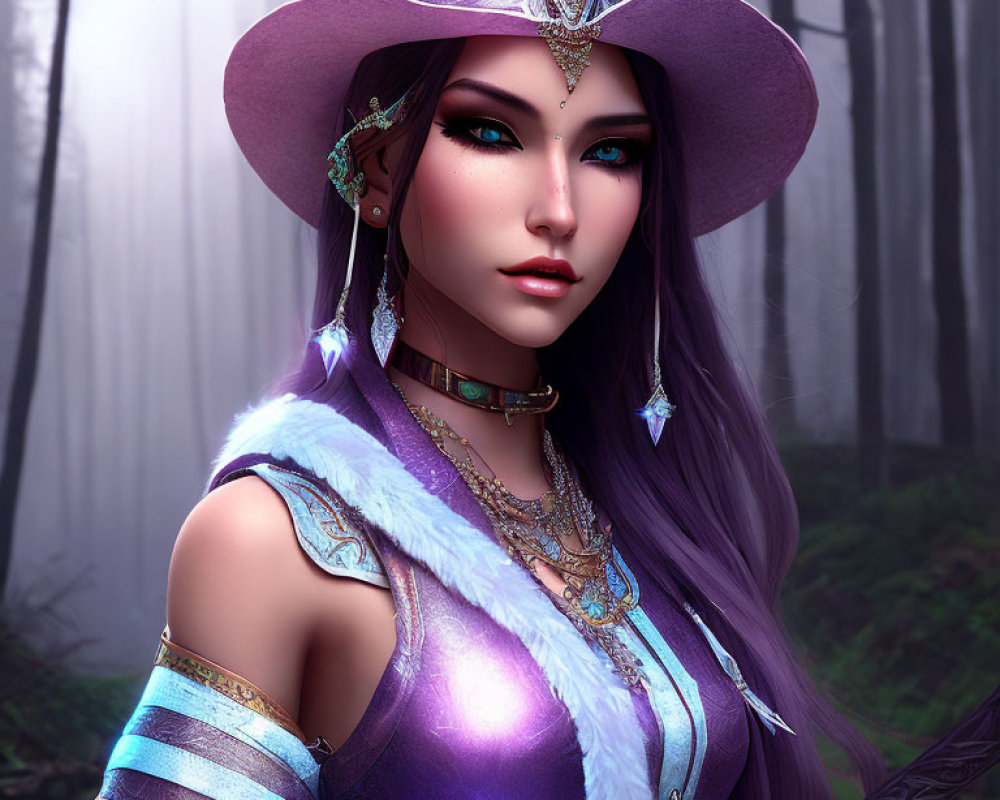 Fantasy digital illustration of woman in purple hair and wide-brimmed hat in misty forest