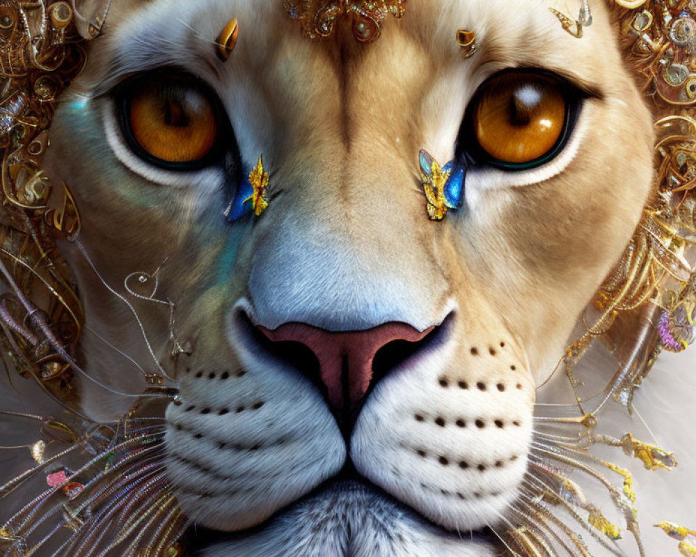 Intricately Adorned Lion's Face with Jewel-Like Eyes and Butterflies