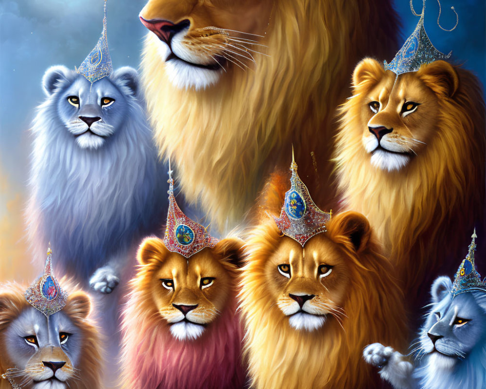 Six regal lions with jeweled crowns on celestial background