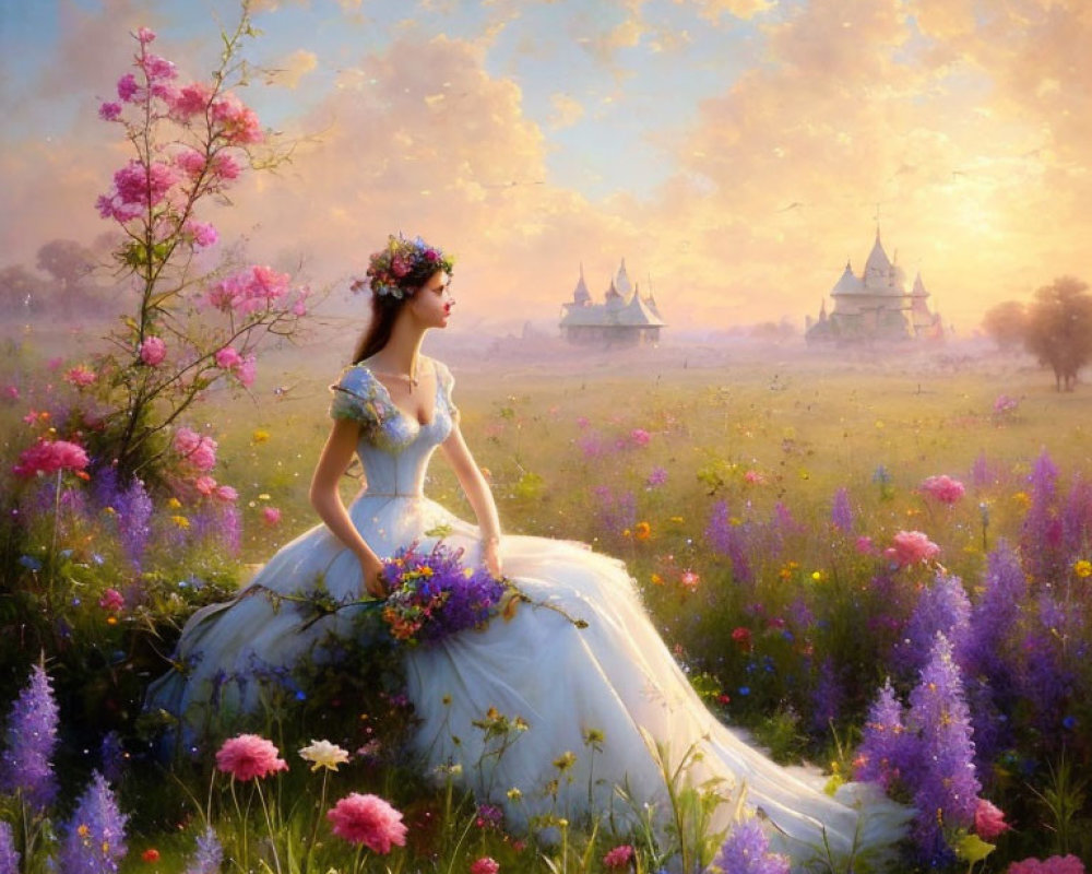 Woman in white dress standing in blooming meadow at sunset with castles in background