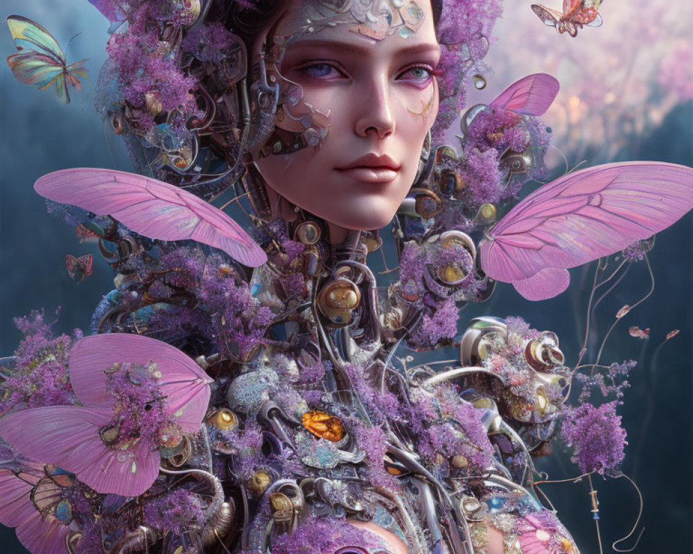 Portrait of a woman with floral and mechanical elements in a dreamy setting.