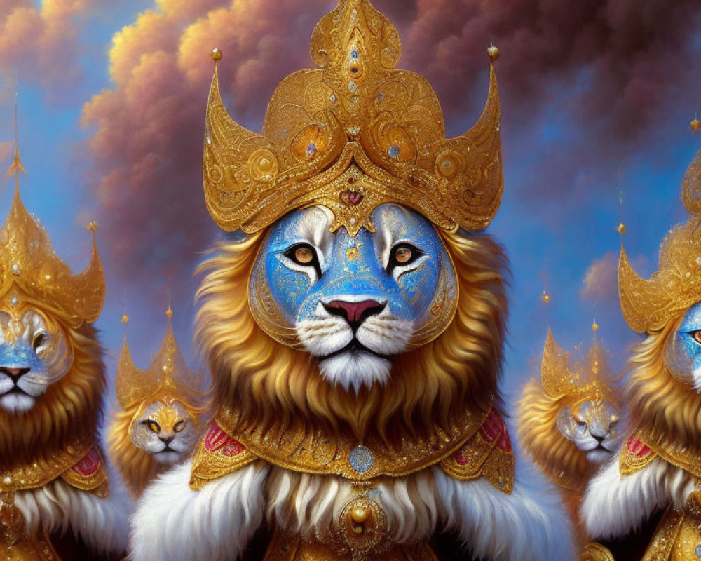 Majestic lion in golden armor and crown with blue eyes, surrounded by regal lions under dramatic
