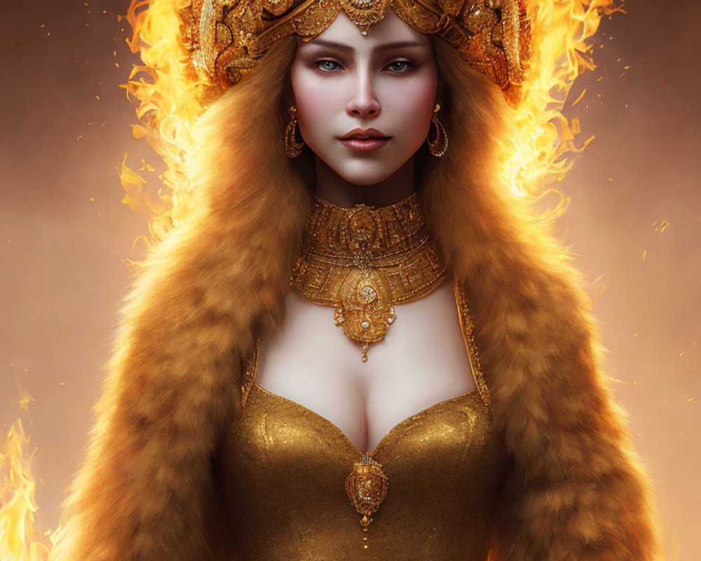 Regal Woman with Fiery Crown and Gold Attire in Abstract Flames