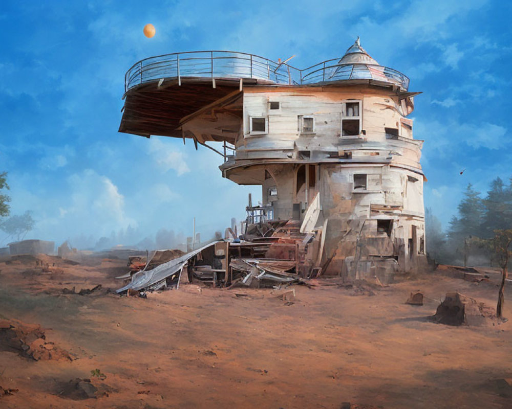 Abandoned futuristic water tower in desolate landscape with orange orb