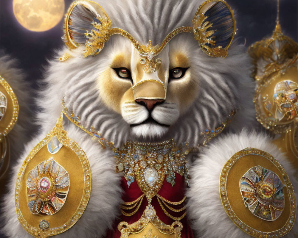 Majestic lion with golden ornaments under moonlit sky