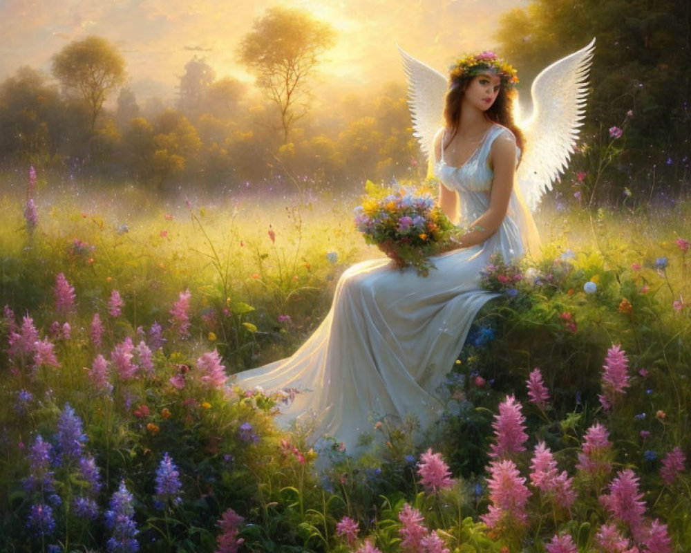 White-winged angel with bouquet in sunset meadow scene