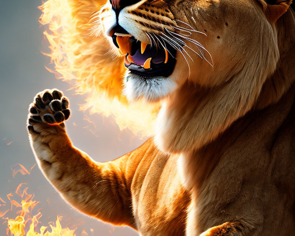 Majestic lion with intense gaze in fiery setting symbolizing power