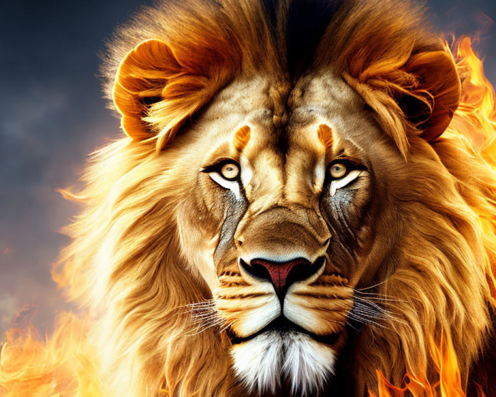 Majestic lion with vibrant mane in fiery backdrop