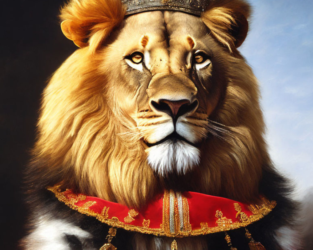 Regal lion wearing red and gold robe and crown symbolizing power