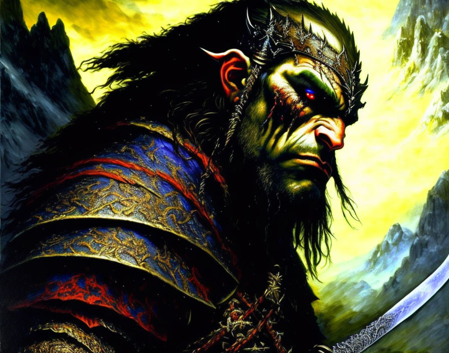 Fantasy orc warrior with green skin in ornate armor and sword on rocky backdrop