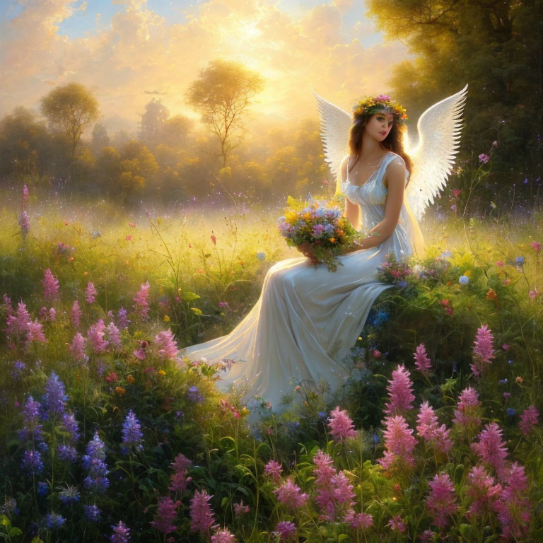 White-winged angel with bouquet in sunset meadow scene