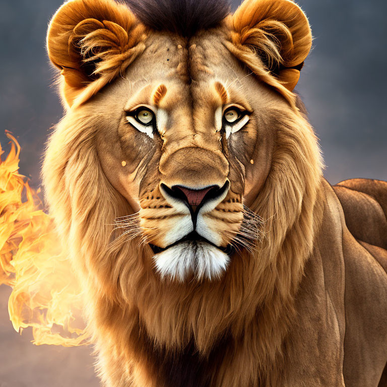 Majestic lion with vivid mane against fiery background.