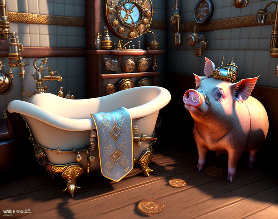 Whimsical 3D illustration: Pink pig in crown and monocle by steampunk-style