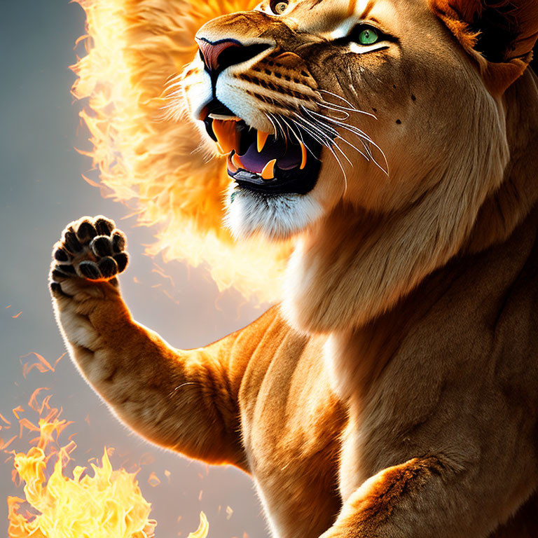 Majestic lion with intense gaze in fiery setting symbolizing power