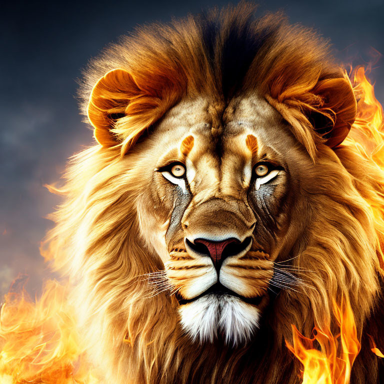 Majestic lion with vibrant mane in fiery backdrop