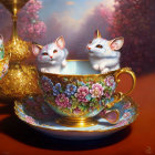 Whimsical cartoon mice in ornate teacup with golden tea set