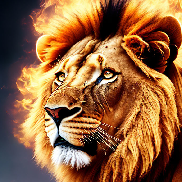 Majestic lion with vivid fiery mane on dark background.