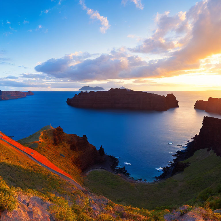 Serpentine road along coastal cliffs at sunset