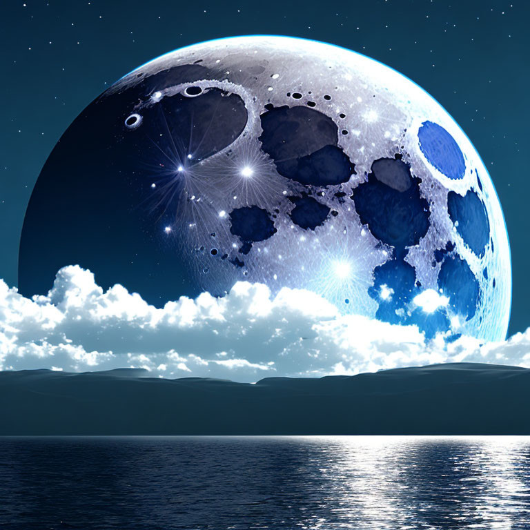 Detailed Moon Over Calm Sea with Clouds and Starry Sky