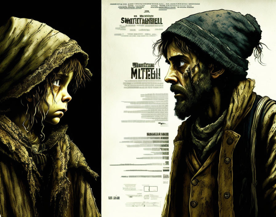 Illustration of child in hood and adult in beanie, both disheveled with somber expressions