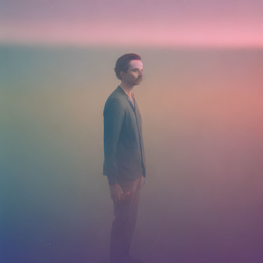 Man in Suit Standing Against Surreal Gradient Background