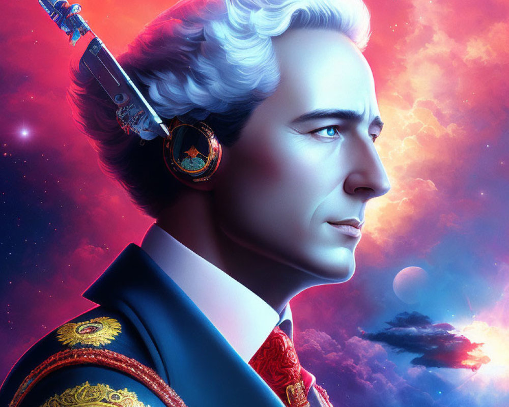 Man in classical attire with cyborg ear against cosmic backdrop