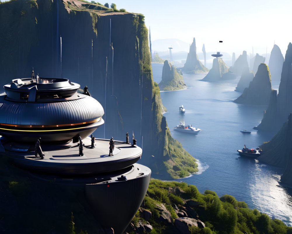 Futuristic cityscape overlooking sea with ships and pillars under clear blue sky