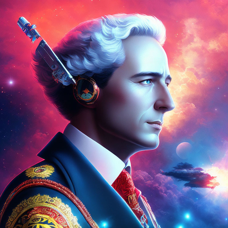 Man in classical attire with cyborg ear against cosmic backdrop