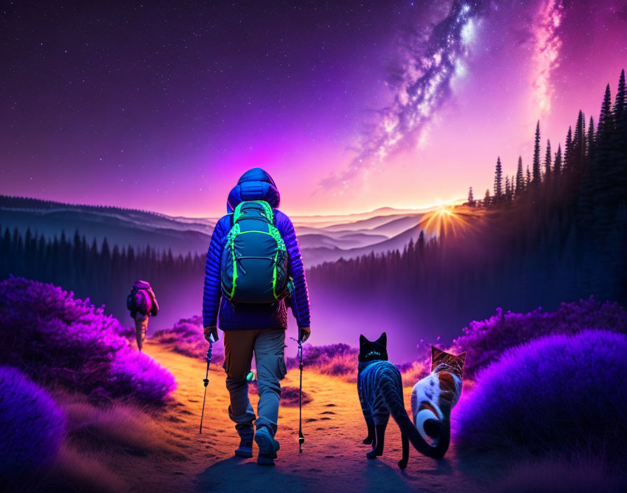 Traveler with backpack and cats under starry sky in purple tinted landscape