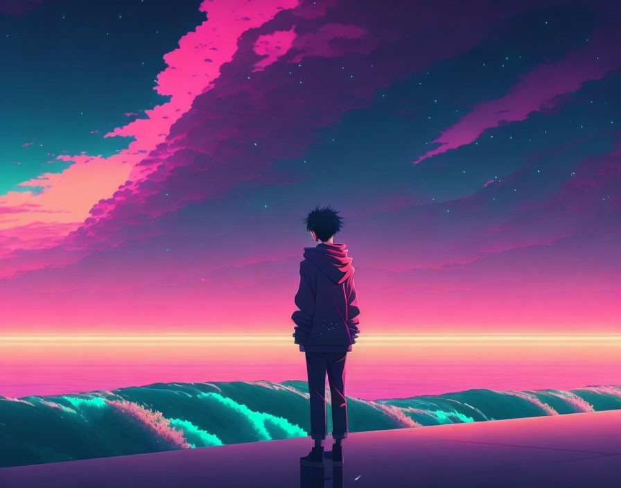 Silhouette of lone person on cliff with neon ocean and colorful sky