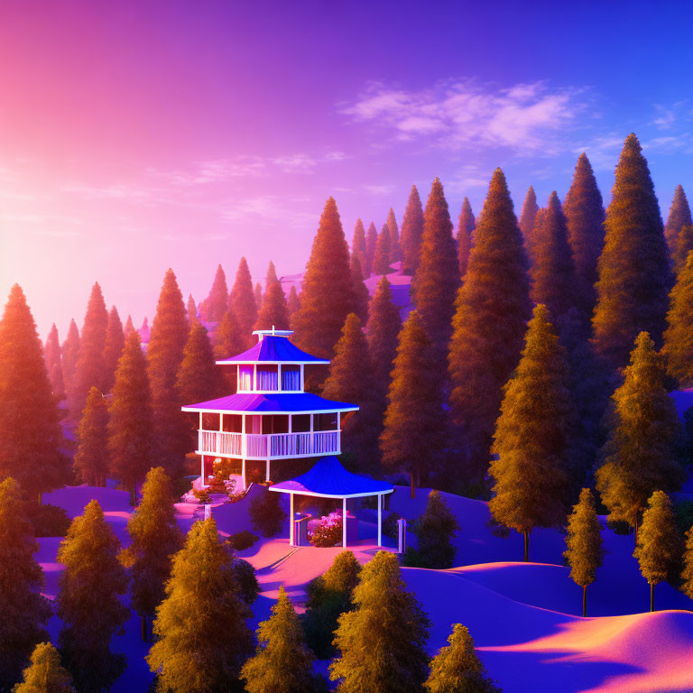 Twilight scene with pagoda-style house and pine trees under purple sky