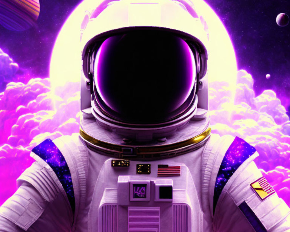 Astronaut in white spacesuit on vibrant purple cosmic backdrop