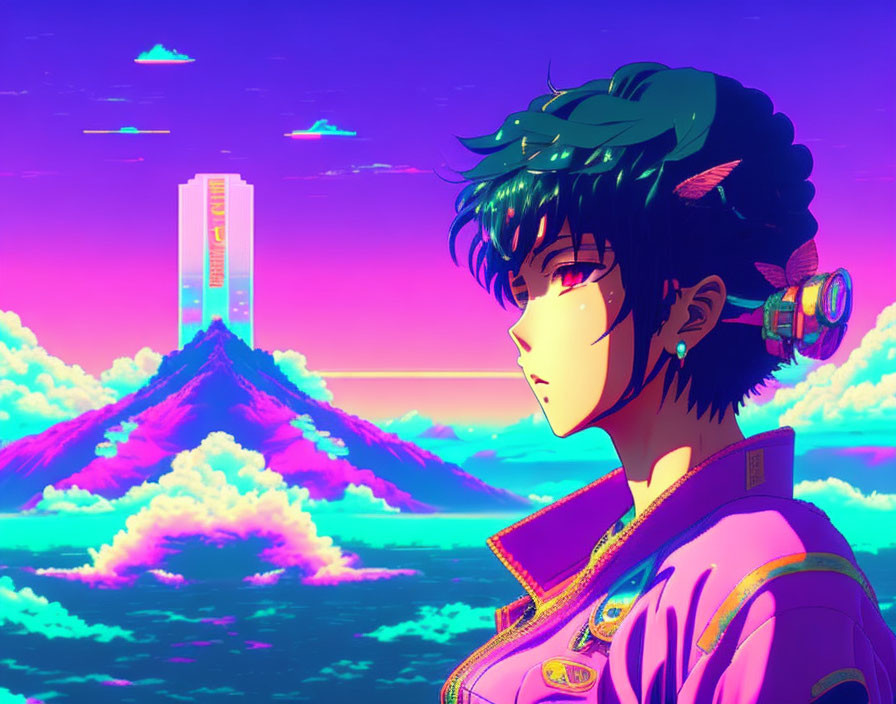 Anime character with dark green hair and headphones against vibrant sunset backdrop with clouds, mountain, and futuristic tower