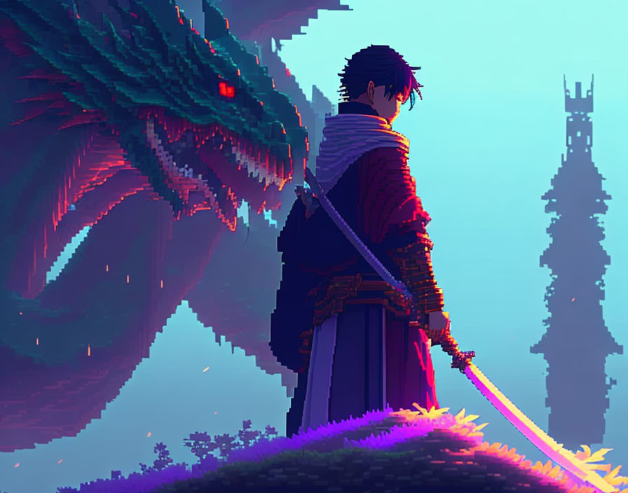 Warrior with glowing sword confronts dragon in misty landscape