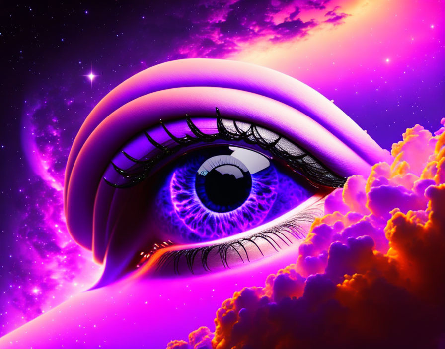 Vivid blue eye with long lashes in surreal purple sky