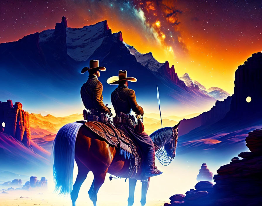 Cowboys on Horseback in Cosmic Western Landscape