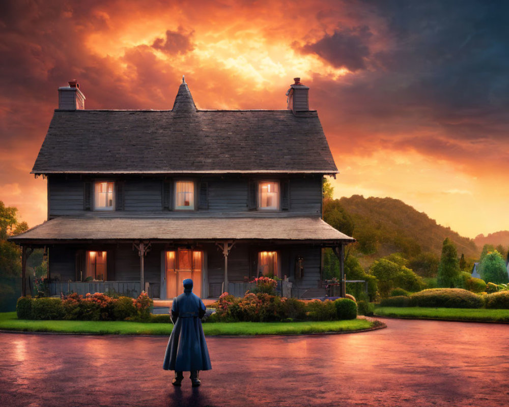 Person in Blue Dress Standing by Lit Two-Story House at Sunset
