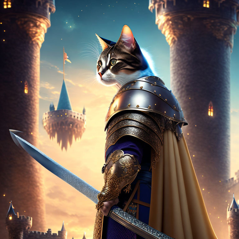 Knight Cat in Armor Stands Before Fantasy Castle at Twilight