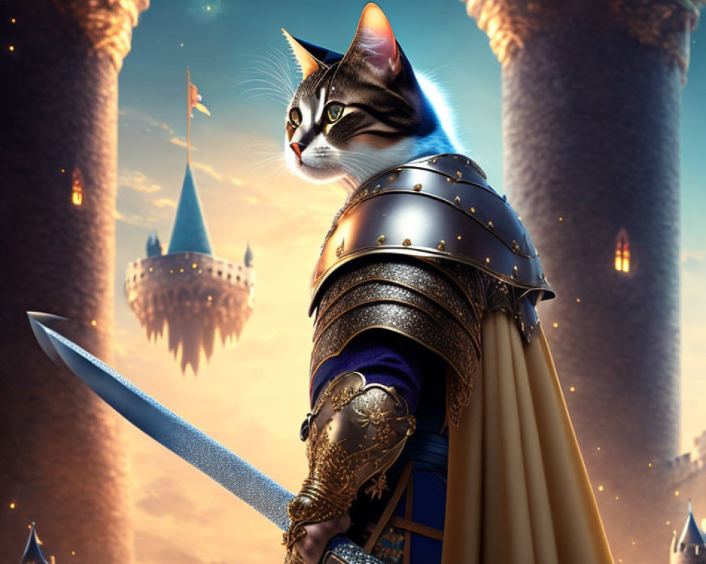 Knight Cat in Armor Stands Before Fantasy Castle at Twilight