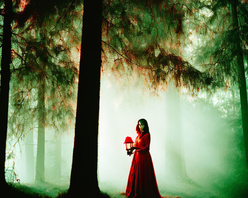 Person in Red Cloak Holding Lantern in Misty Forest