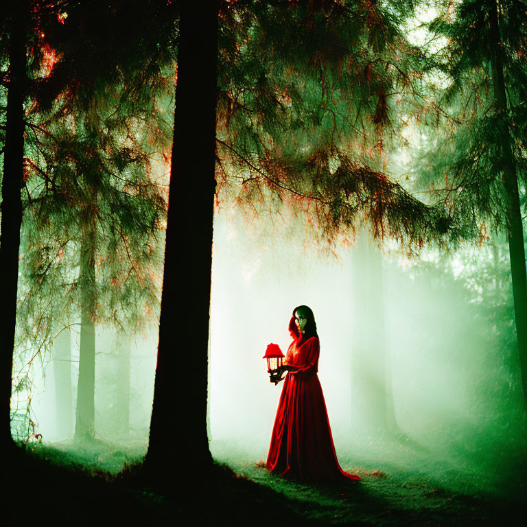 Person in Red Cloak Holding Lantern in Misty Forest