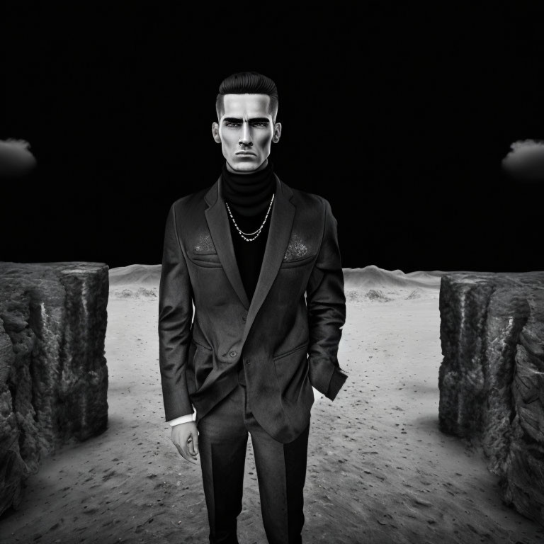 Monochrome image of sharply dressed man in suit in barren desert landscape