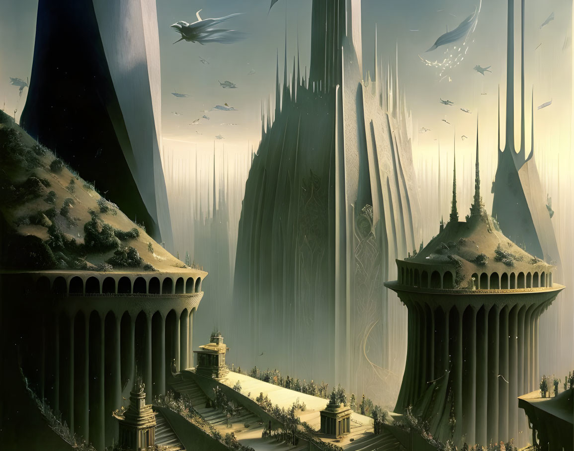 Fantastical landscape with towering structures and flying creatures