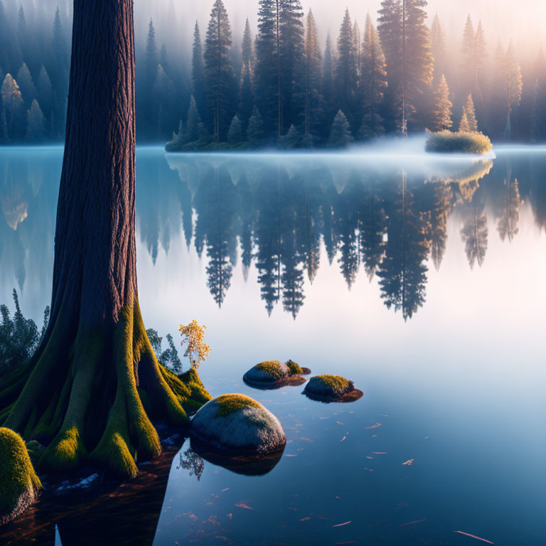 Tranquil lake scene with misty morning reflection and moss-covered tree trunk