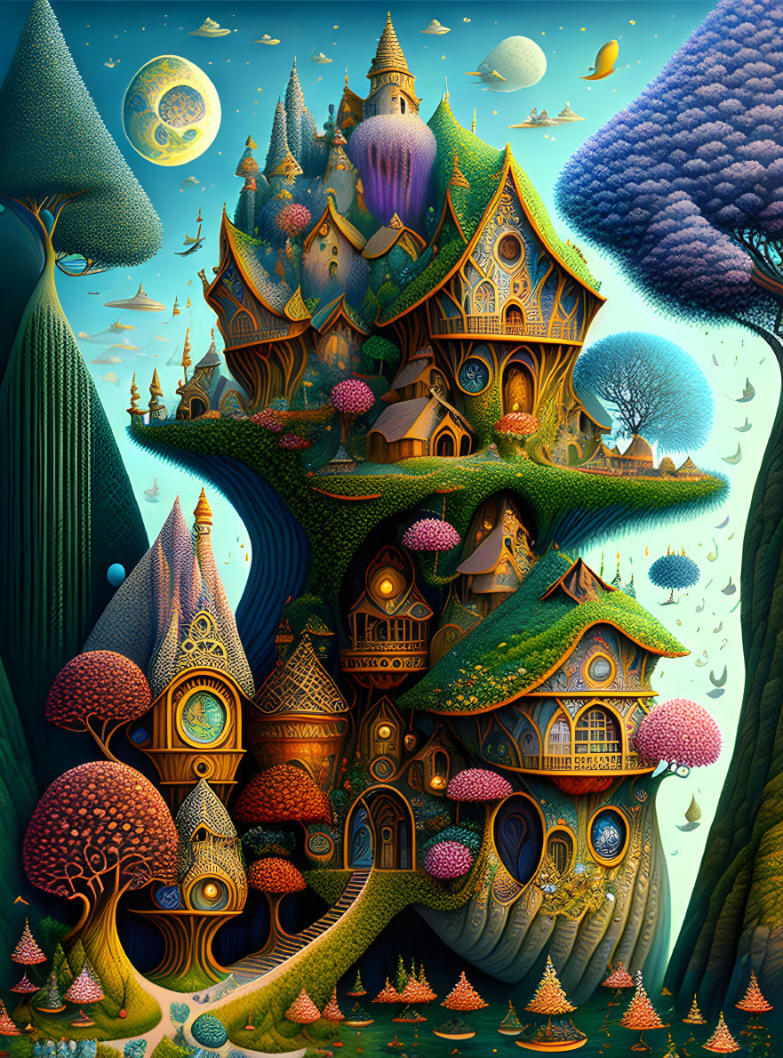 Fantasy landscape with whimsical architecture, nature integration, floating islands, and starry sky