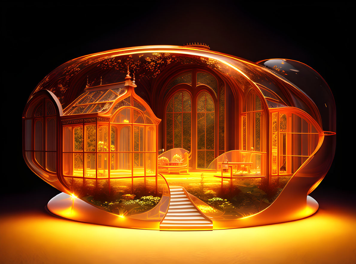 Glass-domed structure with greenhouse and cozy seating area in warm glow